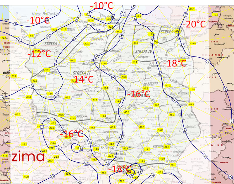 Mapa stref klimatycznych Polski dla potrzeb ogrzewnictwa opracowana na podstawie danych meteorologicznych z lat 1991-2020 wg projektu SKP2000, opracowanie dr inż. Piotr Nawrocki